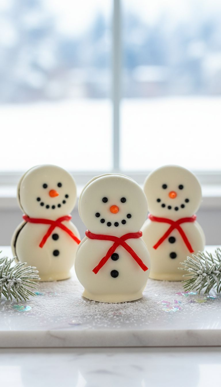Dipped Oreo Snowman Cookies: Orange Noses, Black Eyes, Red Licorice Scarves. Standing On Powdered Sugar Snow, White Marble, Festive.
