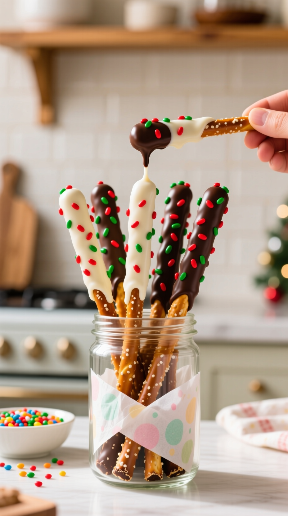 Dipped Pretzel Rods With White &Amp; Dark Chocolate, Festive Red &Amp; Green Sprinkles In Glass Jar, Kid-Friendly Holiday Treat.