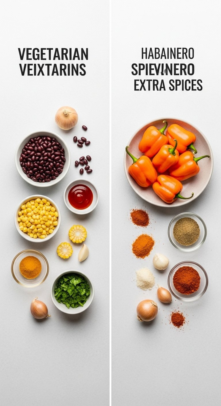 Diptych Flat Lay Showing Vegetarian Black Bean Corn Ingredients Versus Spicy Habanero Pepper Spices For Recipe Variations.