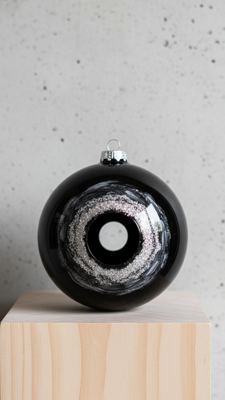 Direct Eye-Level Close-Up Of Diy Black Hole Ornament With Black Interior And Sharp Silver Ring Mimicking Accretion Disk Against Minimalist Gray Wall.