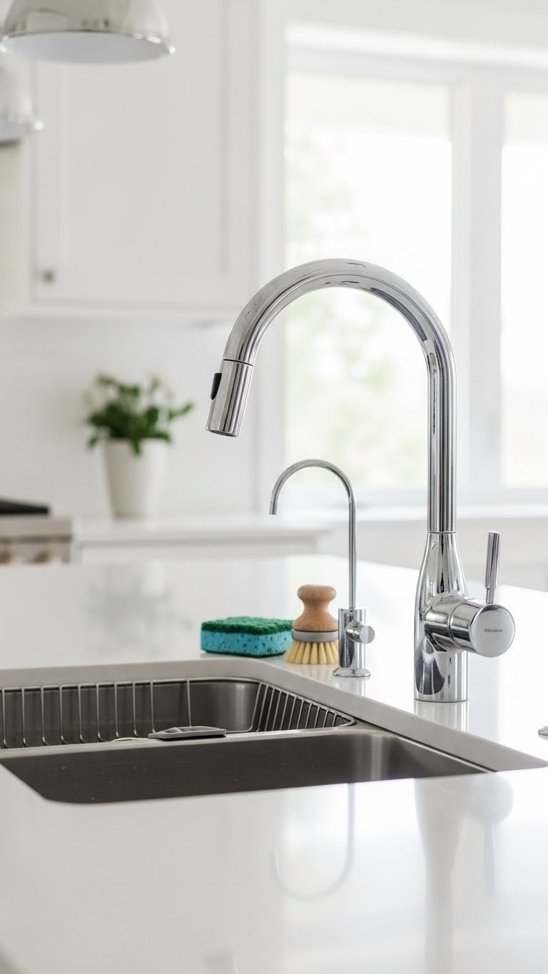 Disinfected Kitchen Sink With Sparkling Stainless Steel Faucet And Clean Countertop After Sanitization.