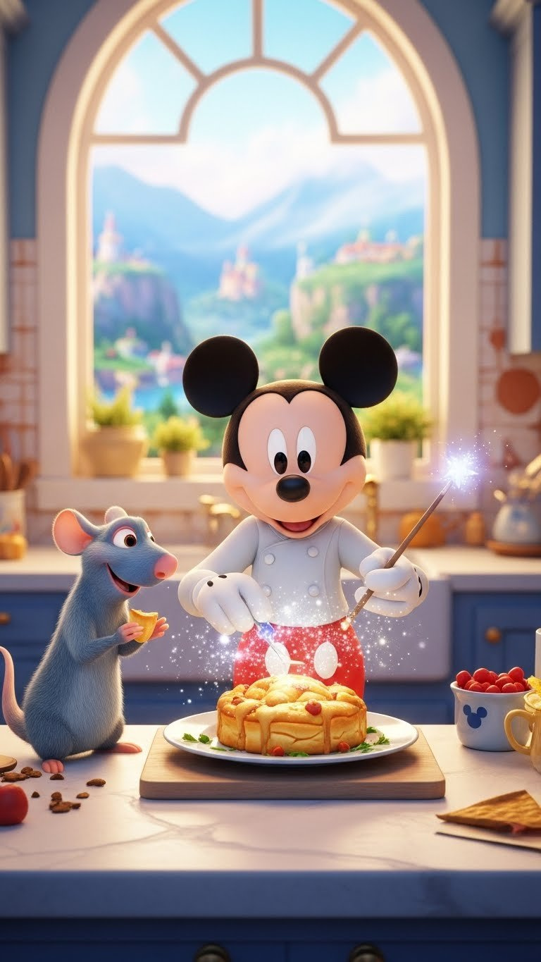 Disney Character Preparing Magical Dish With Sparkling Effects In Enchanting Kitchen Overlooking Valley