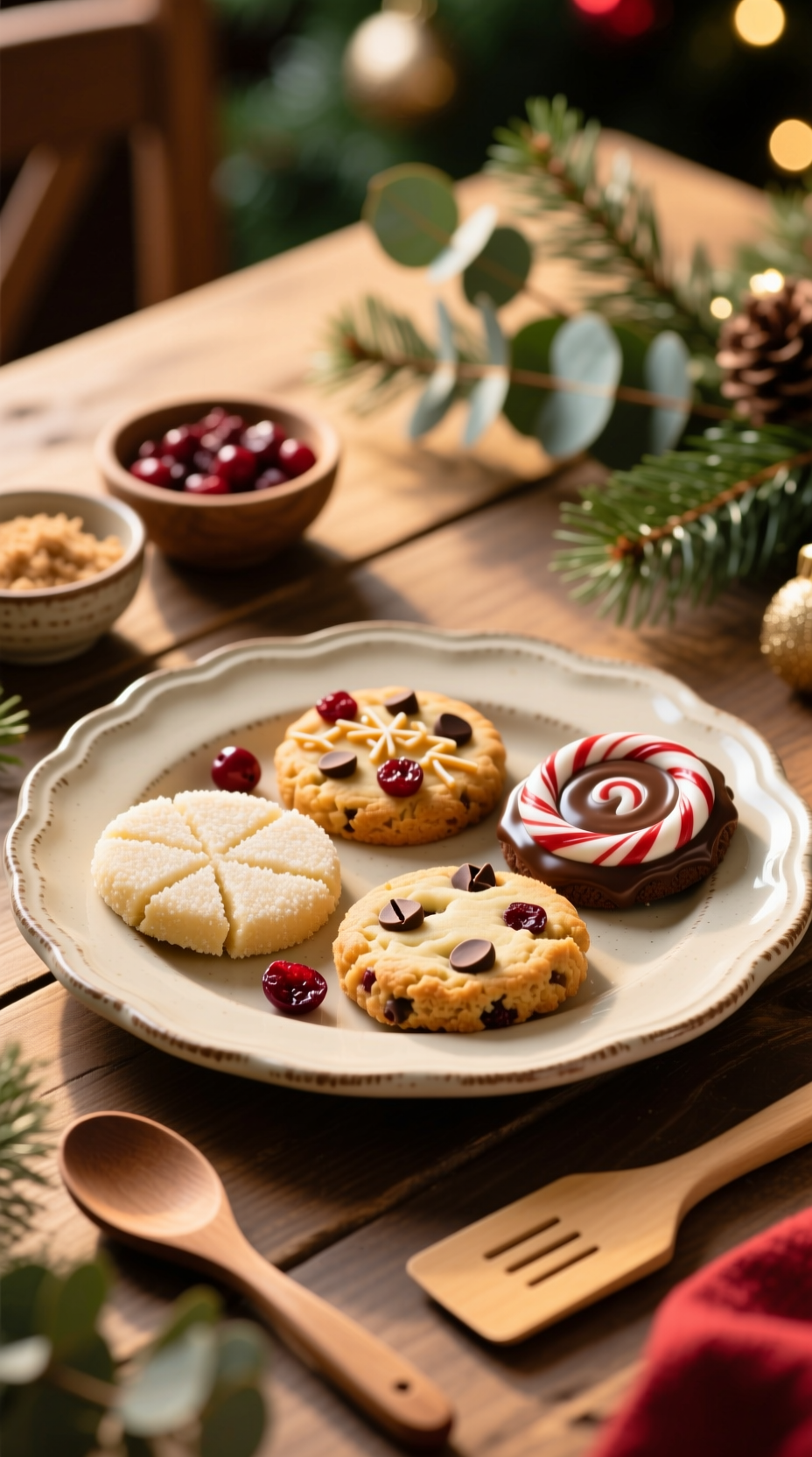 Diverse Christmas Cookie Platter With Sugar, Cranberry Zest, Chocolate Peppermint Swirls, Festive Table Setting, Holiday Greenery.