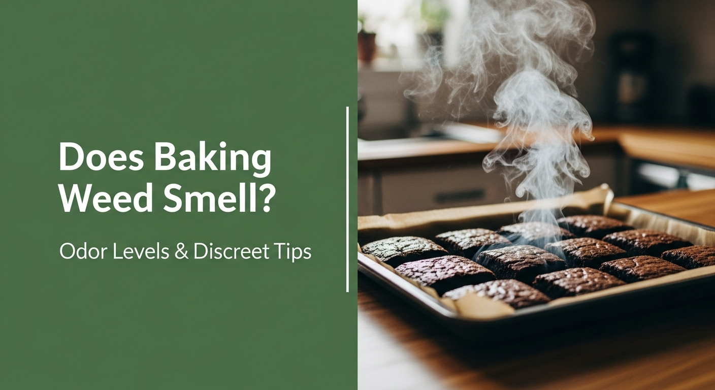 A Graphic Showing Cannabis Leaves And Brownie Ingredients With The Question Does Baking Weed Smell?