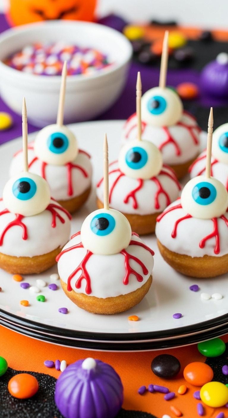 Donut Hole Monster Eyeballs With White Candy Coating Candy Eyeballs And Red Blood Vessels On A Festive Halloween Platter