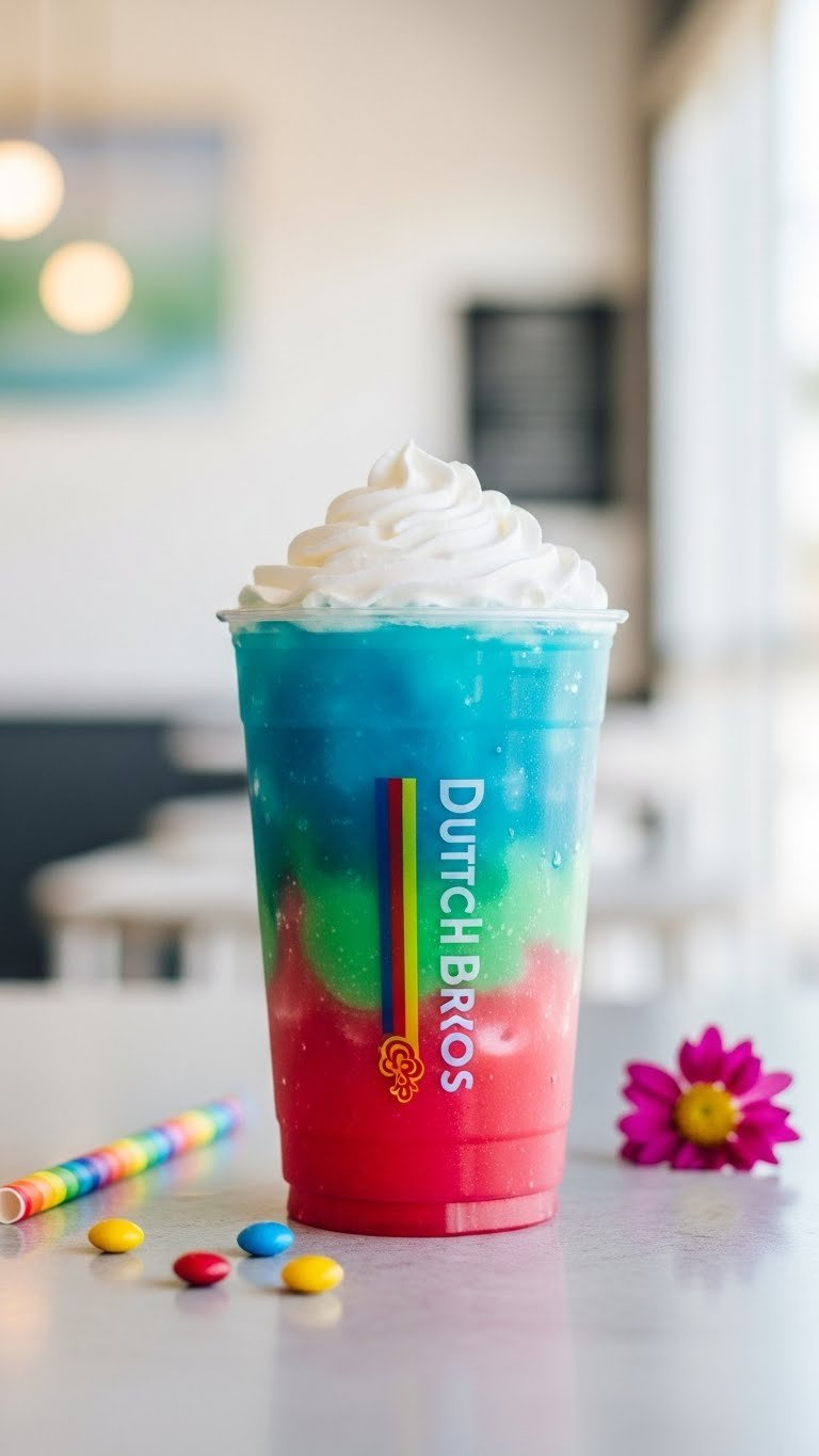Double Rainbro Rebel With Colorful Rainbow Stripes Of Blue, Green, And Pink In Clear Cup