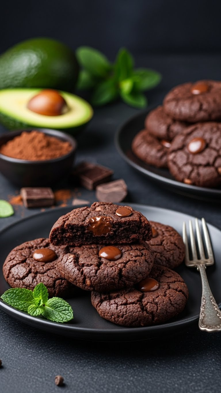 Double Chocolate Avocado Cookies With Melted Chocolate Chips On Dark Ceramic Plate With Avocado