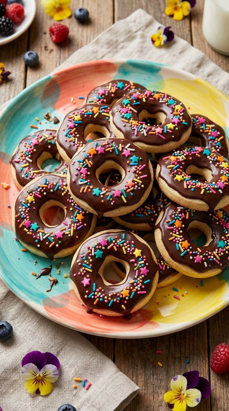 Doughnut-Shaped Sugar Cookies Dipped In Chocolate Glaze With Rainbow Sprinkles On Vibrant Platter.