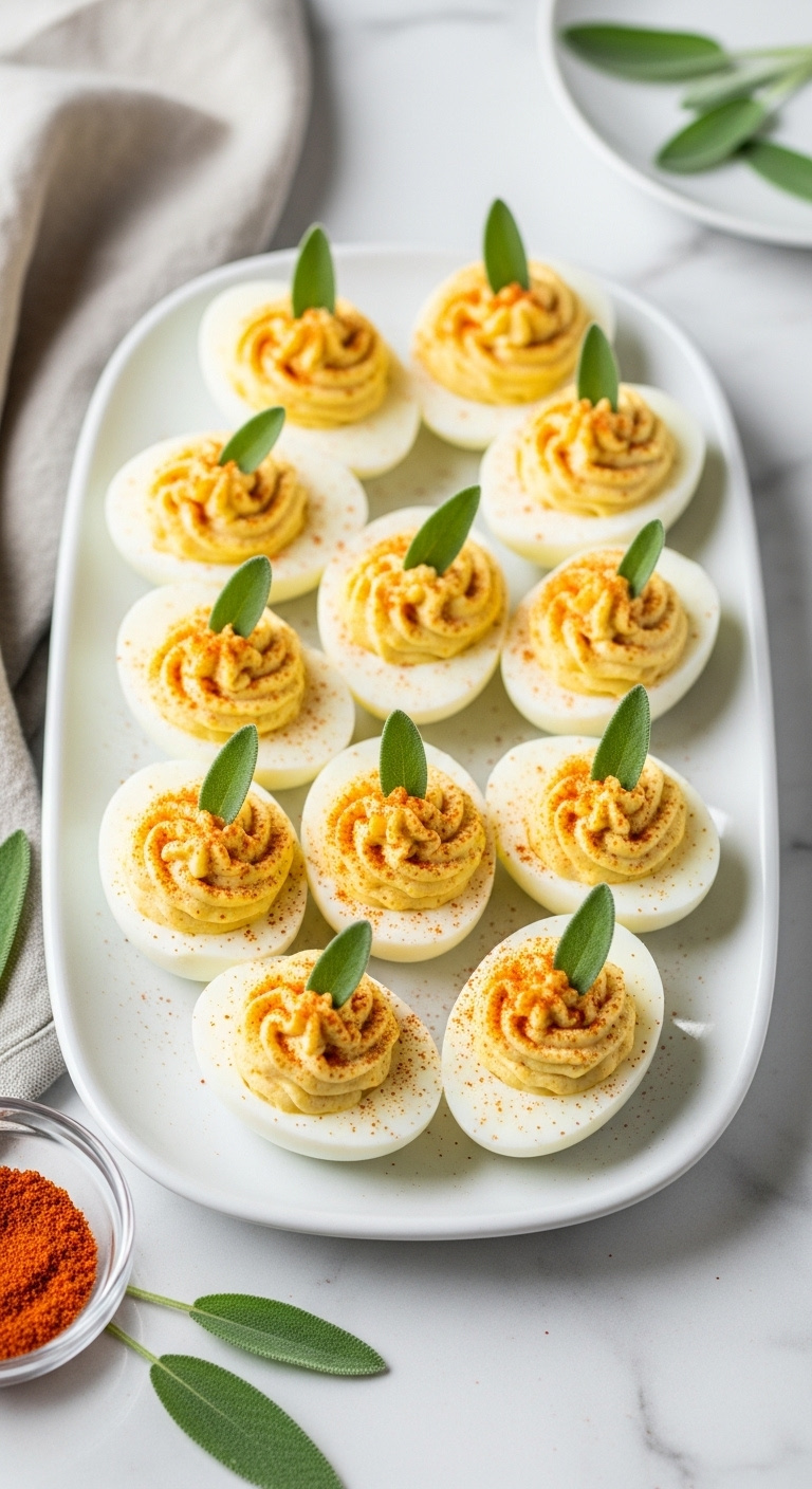 Dozen Perfectly Prepared Deviled Eggs With Creamy Yellow Filling Garnished With A Tiny Fresh Sage Leaf And Paprika On A White Platter