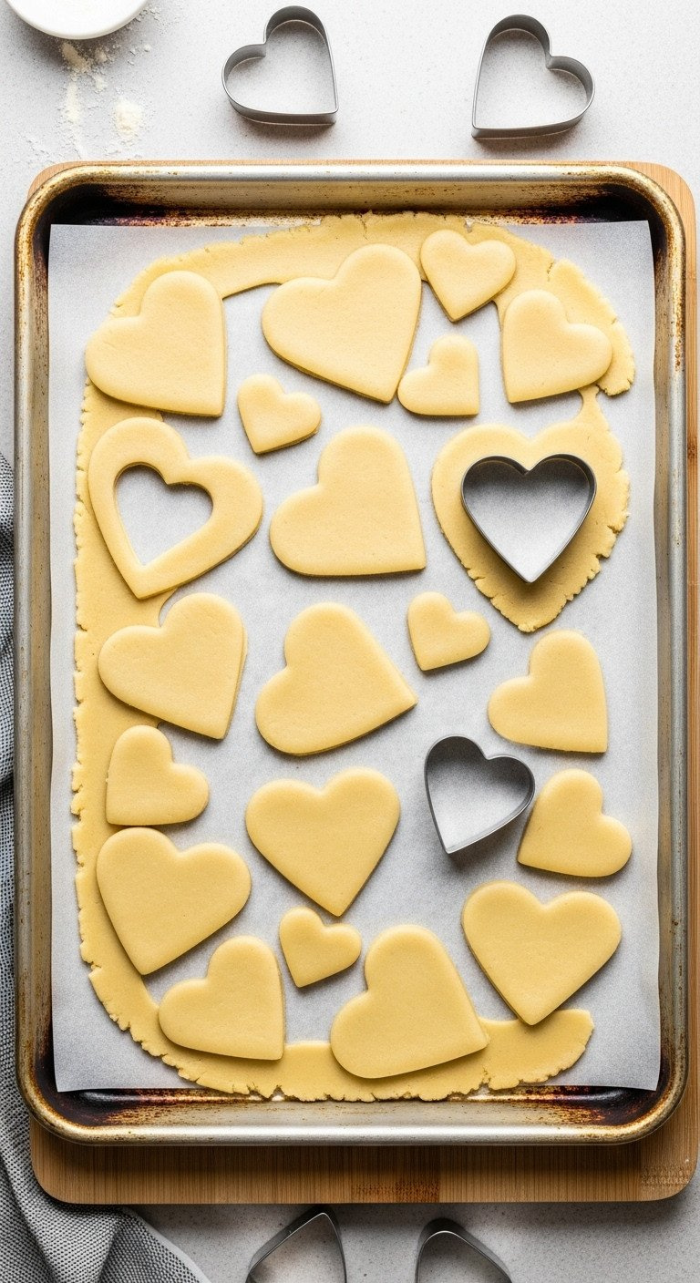 Dozens Of Raw Heart-Shaped Sugar Cookie Dough Cutouts On Parchment-Lined Sheet, Crisp Edges, Metallic Cutters, Bright Daylight.