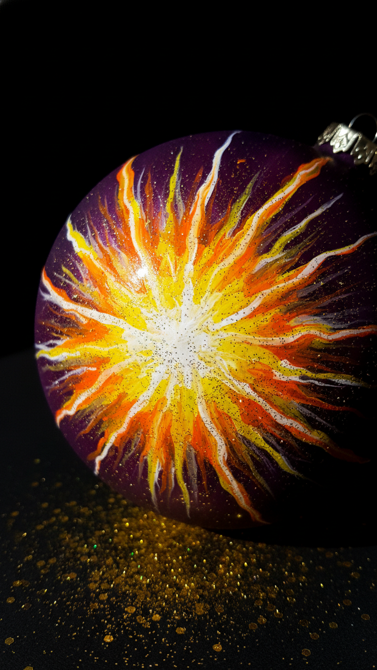 Dramatic 45-Degree Angle Shot Of Diy Supernova Ornament With Dark Purple Base Featuring Explosive Yellow, Orange, And White Burst With Gold Glitter.