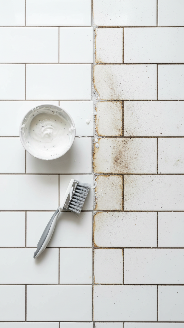 Dramatic Bathroom Tile Grout Transformation Showing Dirty Brown Grout Versus Freshly Cleaned White Grout Lines.