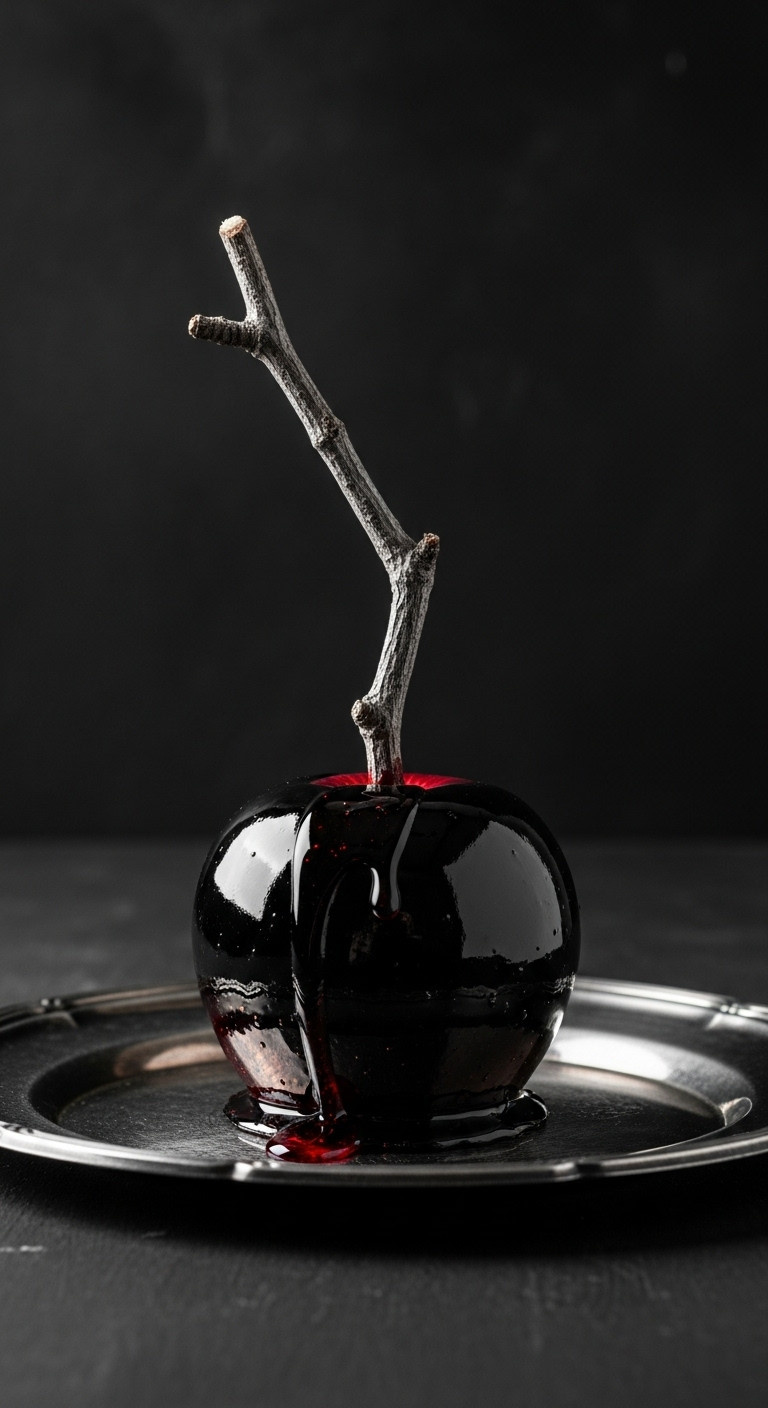 Dramatic Black Poison Candy Apple With A Gnarled Twig Stick And 'Poison' Drop On A Silver Platter. Spooky Halloween Treat.