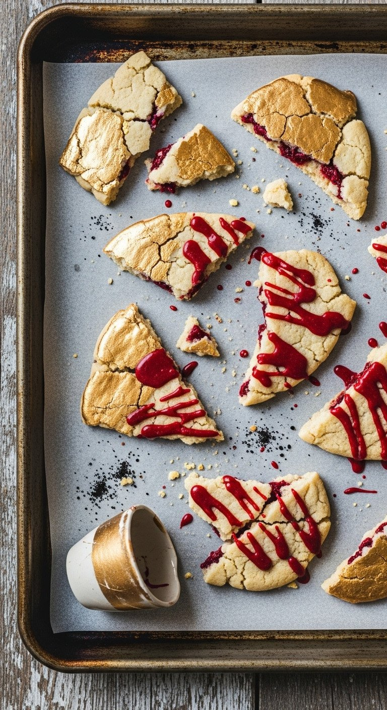 Dramatic Broken Heart Cookie Shards With Gold Paint, Red Glaze, Black Cocoa On A Parchment Baking Sheet.