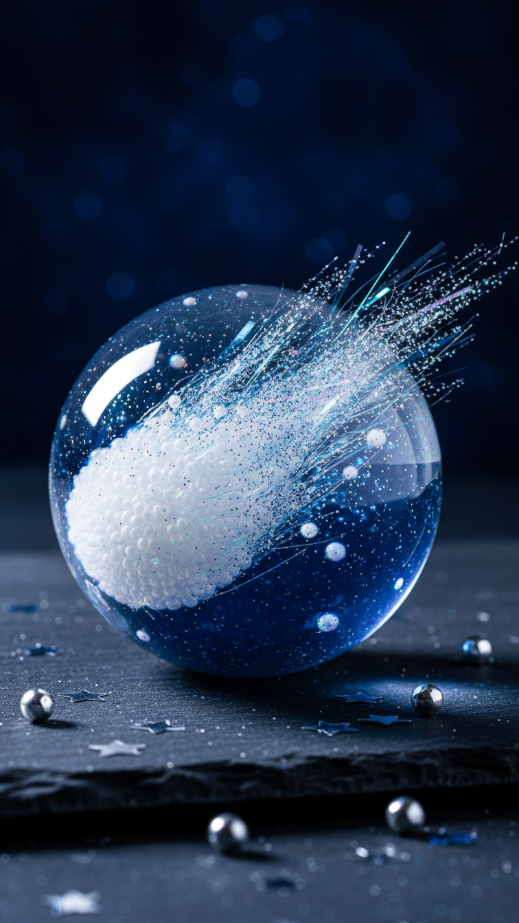 Dramatic Close-Up Of Diy Comet Ornament Against Dark Background Featuring Bright White Comet Head With Streaky Blue And Silver Glitter Tail.