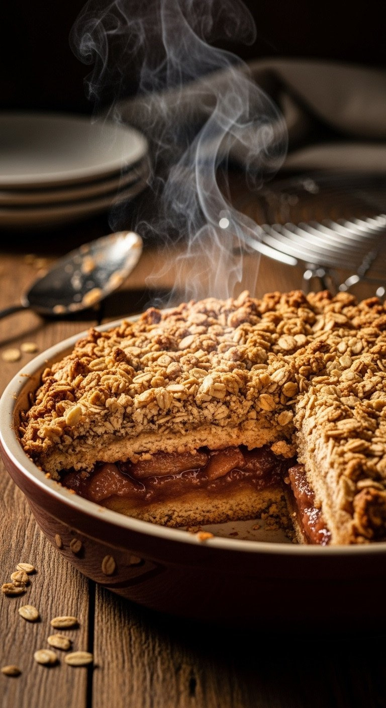 Dramatic Cross-Section Of Baked Apple Crisp With Thick Golden Oat Topping, Tender Spiced Apple Filling, And Steam Rising. Served On A Rustic Table.