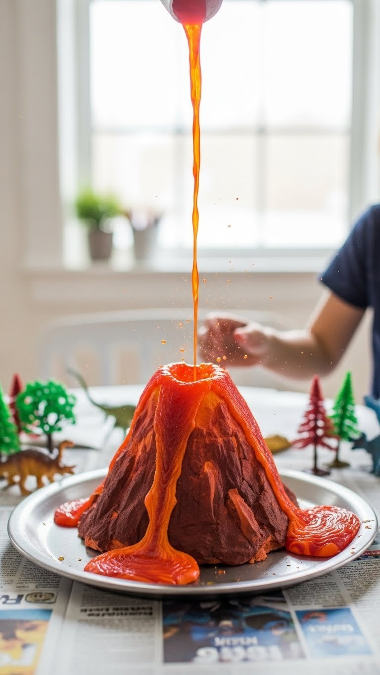 Dramatic Erupting Baking Soda And Vinegar Volcano Science Experiment With Colorful Lava Flowing Down Homemade Model
