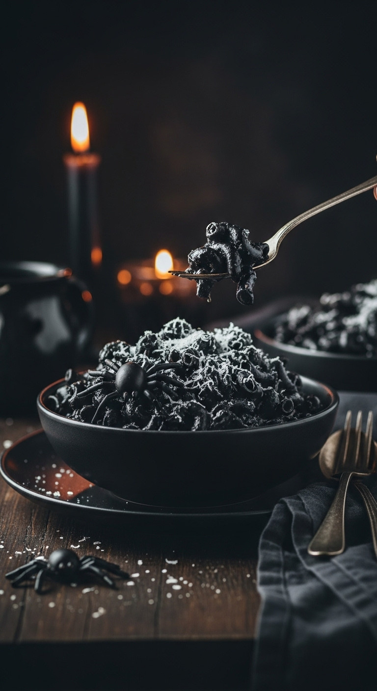 Dramatic Jet-Black Halloween Mac And Cheese In A Moody Bowl, Topped With White 'Moon Dust' And An Olive 'Spider' On Dark Wood.