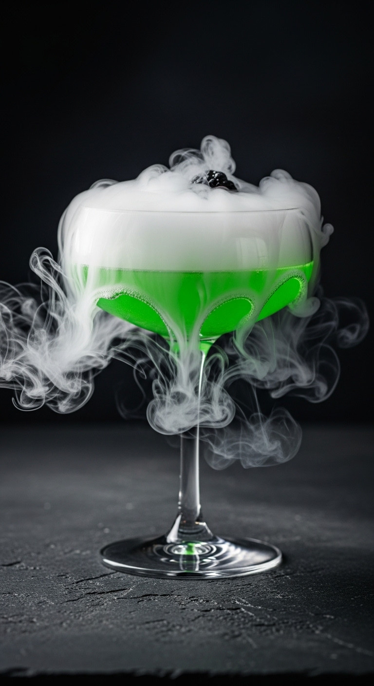 Dramatic Macro Shot Of Glowing Neon Green Bubbling Witches Brew With Dry Ice Vapor In A Coupe Glass