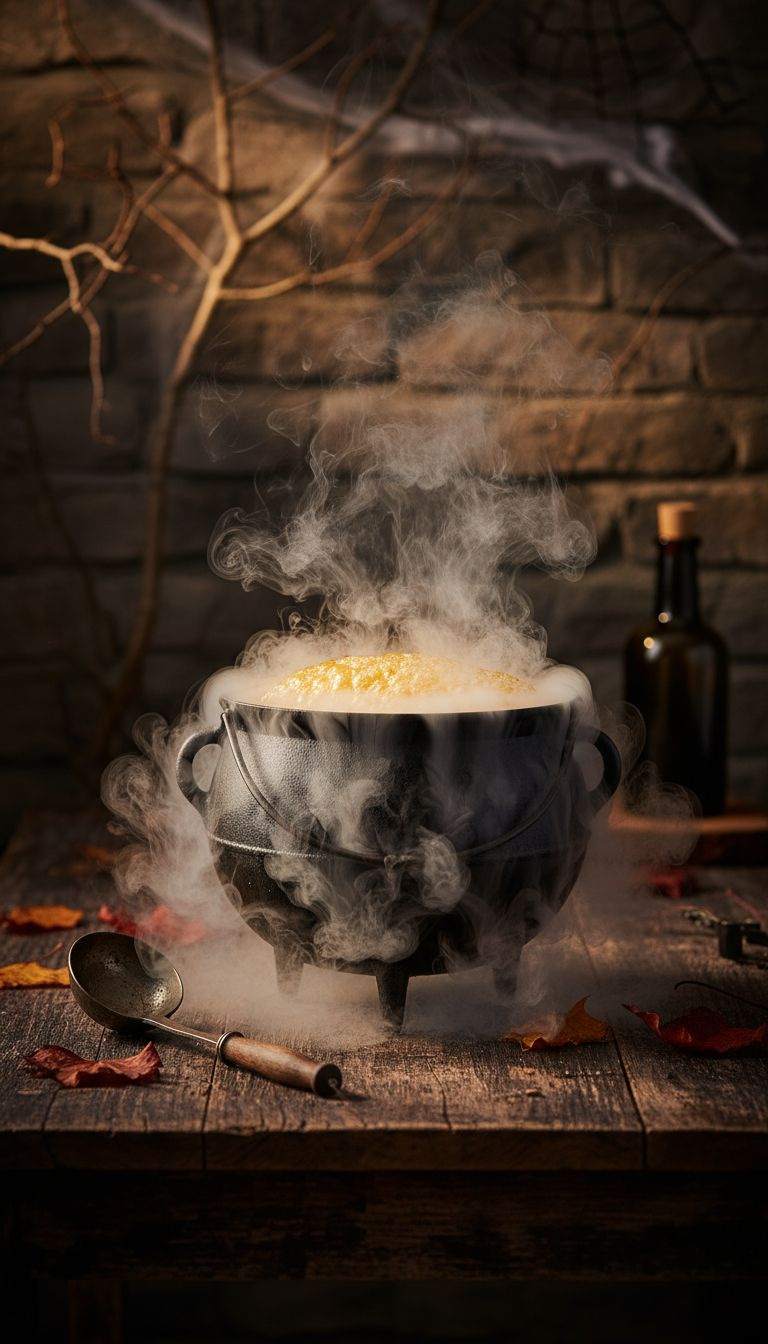 Dramatic Orange Halloween Punch With Thick Dry Ice Fog Billowing From A Rustic Cauldron On A Wooden Table, Eerie Party Drink.