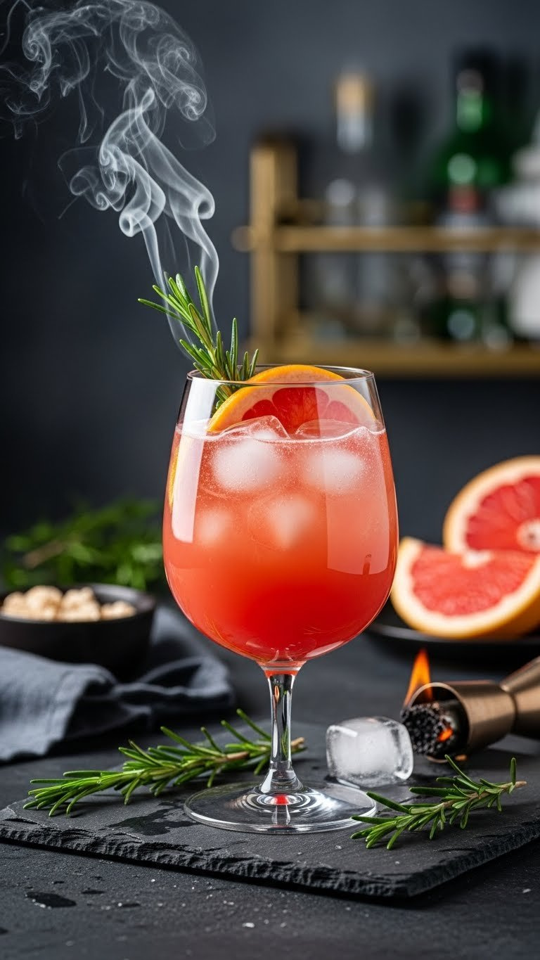 Dramatic Smoked Rosemary Grapefruit Spritz Mocktail With Smoking Rosemary Sprig On Dark Stone Surface