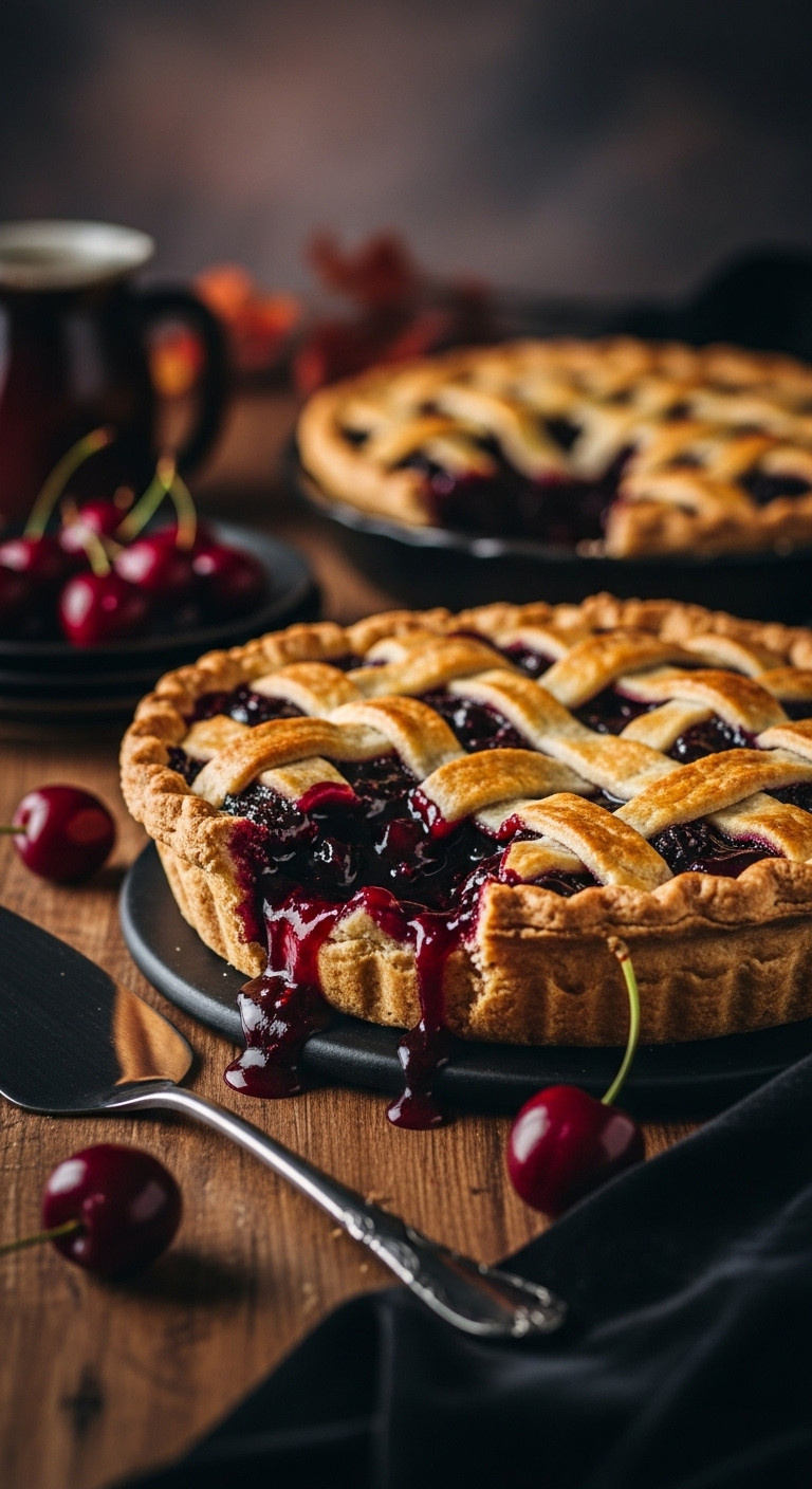 Dramatic Vampire Bite Cherry Pie With Oozing Red Filling, Golden Lattice Crust, Rustic Table, Scattered Cherries.