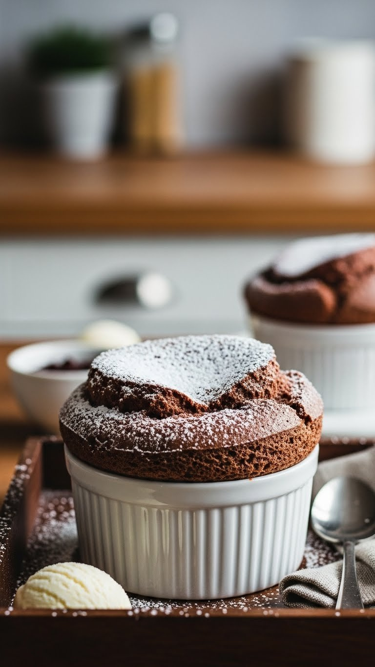 Dramatically Risen Chocolate Soufflé In White Ramekin, Dusted Powdered Sugar, Elegant French Dessert With Vanilla Ice Cream.