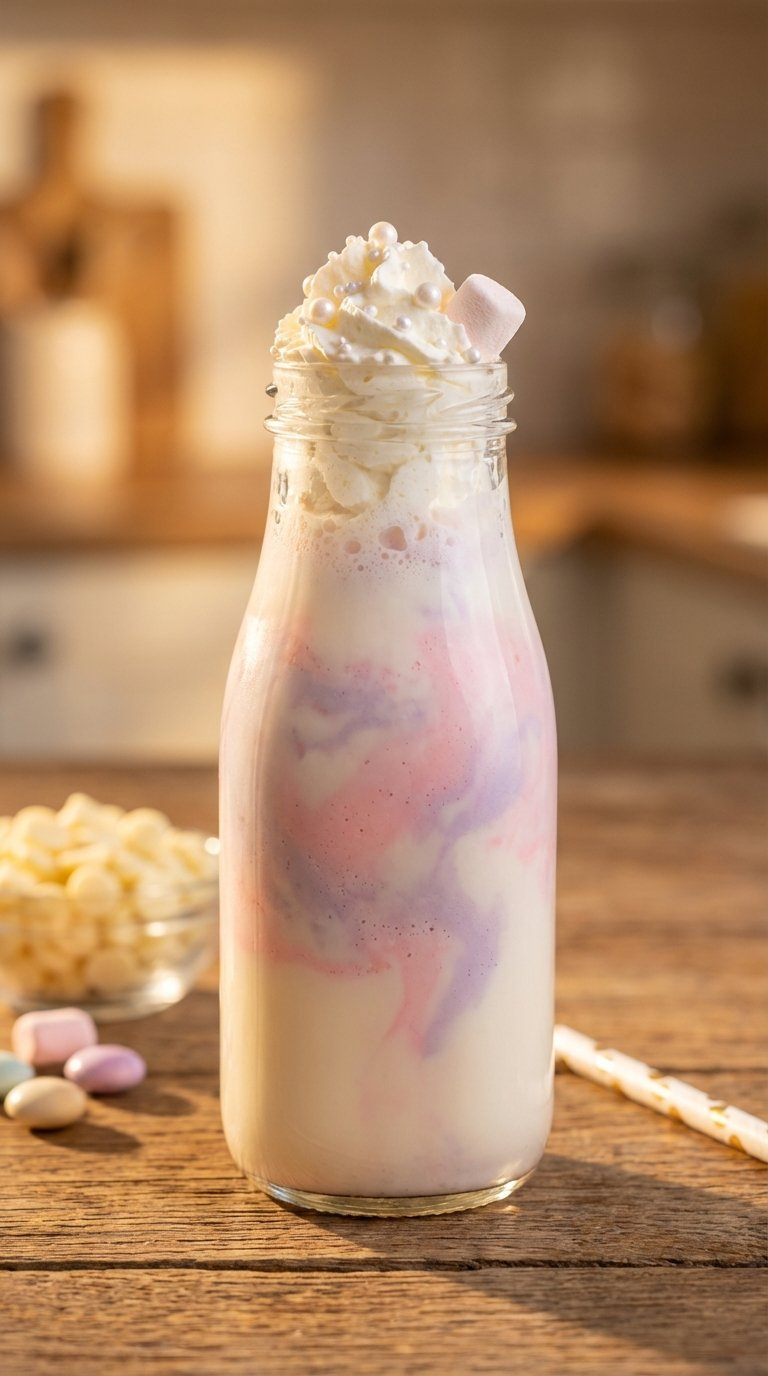 Dreamy White Chocolate Unicorn Milk With Pastel Swirls And Whipped Cream Topping In Glass Milk Bottle