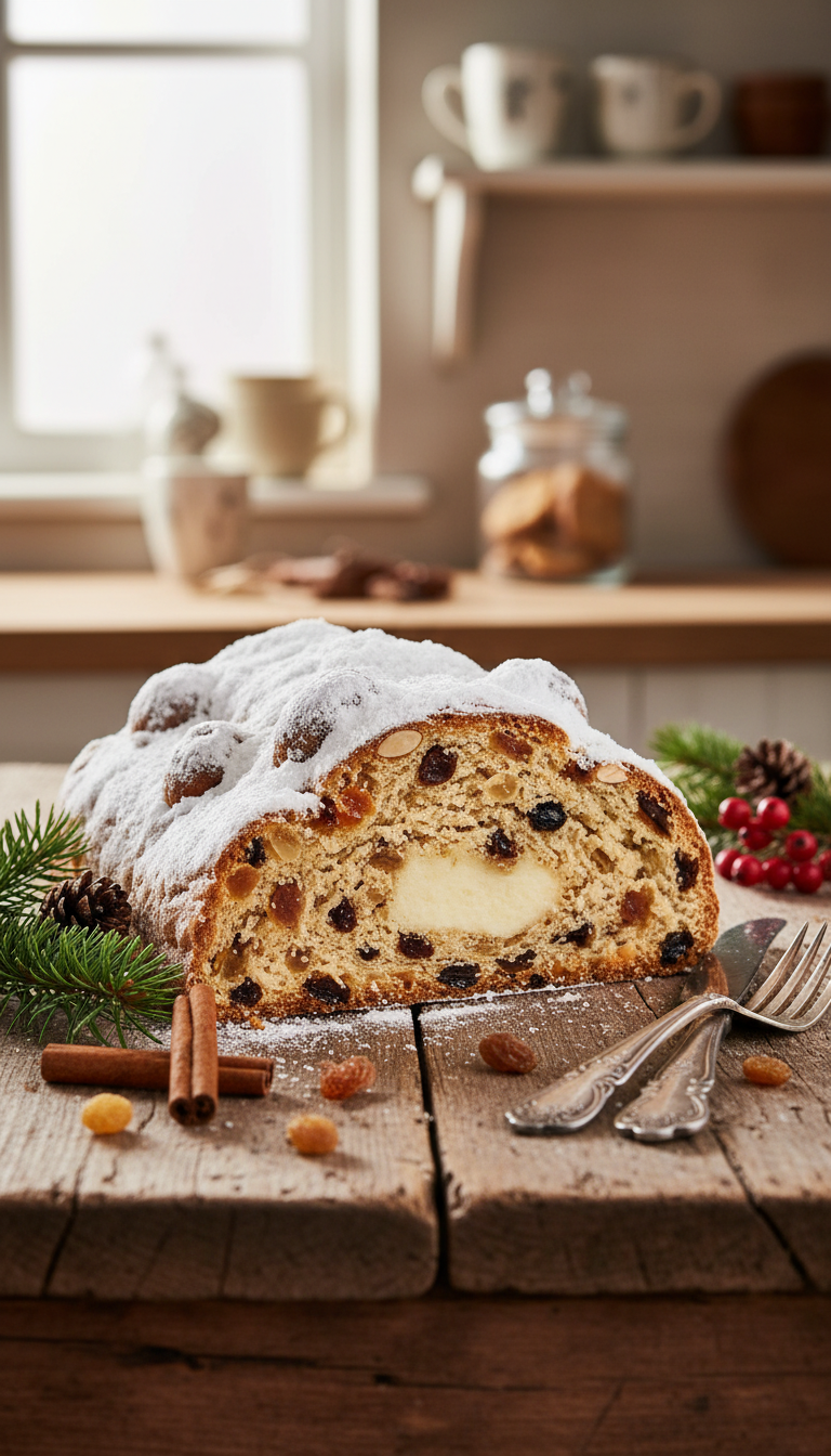 Dresden Stollen Slice, Powdered Sugar, Marzipan, Candied Fruit, Nuts On Rustic Wood. Cozy Natural Light For Christmas Baking.