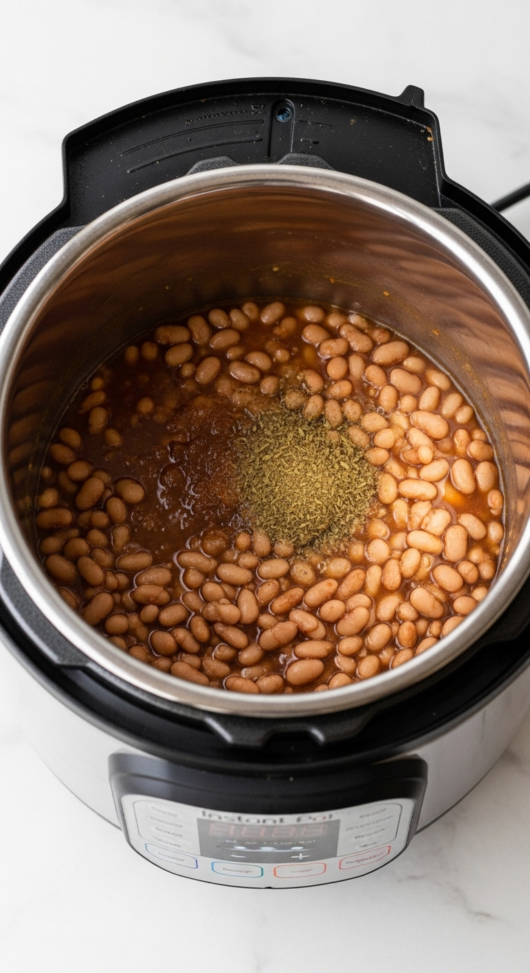 Dried Pinto Beans With Aromatics And Broth Cooking In An Instant Pot With The Lid Sealed For Pressure Cooking