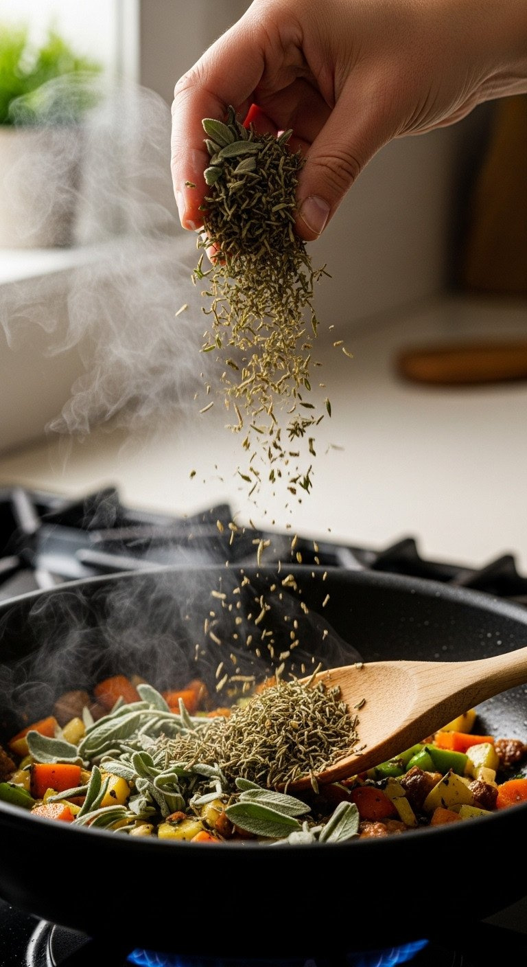 Dried Sage, Thyme, And Poultry Seasoning Added To Sautéing Vegetables In A Dark Skillet, Creating Fragrant Steam For A Recipe.