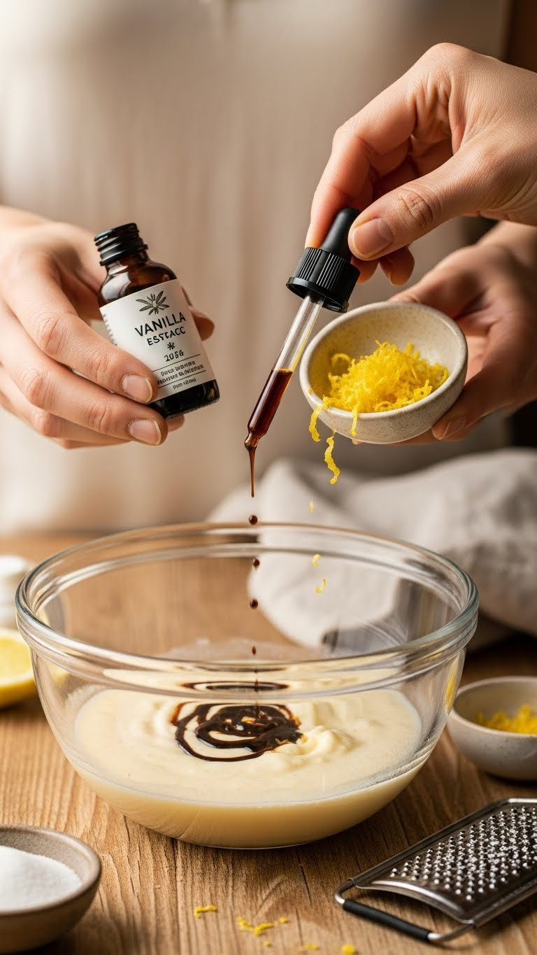Dropper Adds Vanilla Extract To Light Batter, With Fresh Lemon Zest Nearby, Enhancing Flavor In Baking Recipes.