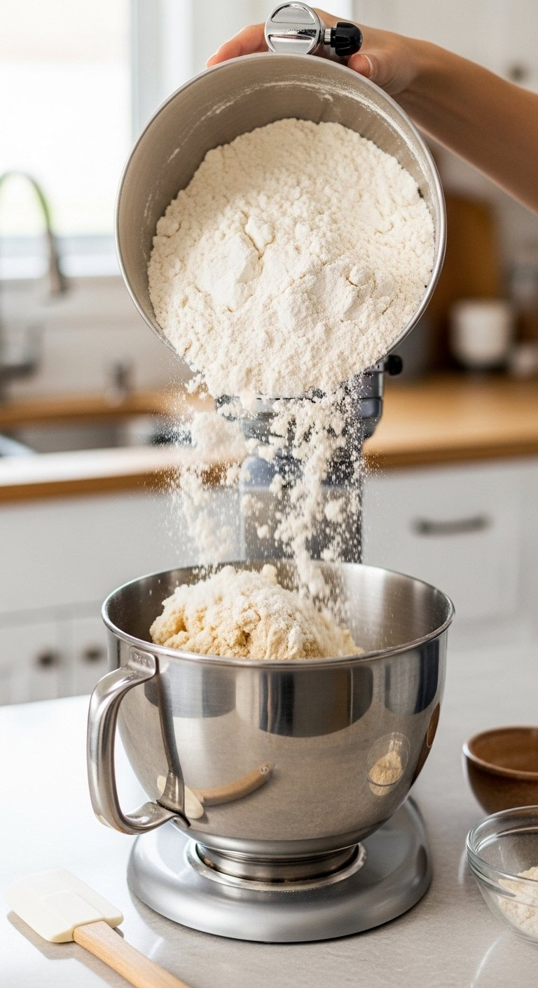 Dry Flour Mixture Gradually Incorporating Into Wet Butter Dough In A Stand Mixer Bowl.