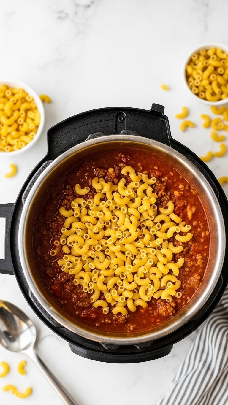 Dry Golden Elbow Macaroni Is Carefully Spread Over The Rich Tomato And Beef Goulash Sauce Inside An Instant Pot, Ready To Cook.