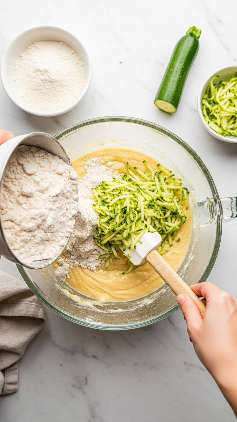 Dry Ingredients Being Folded Into Wet Zucchini Bread Batter With Silicone Spatula In Mixing Bowl