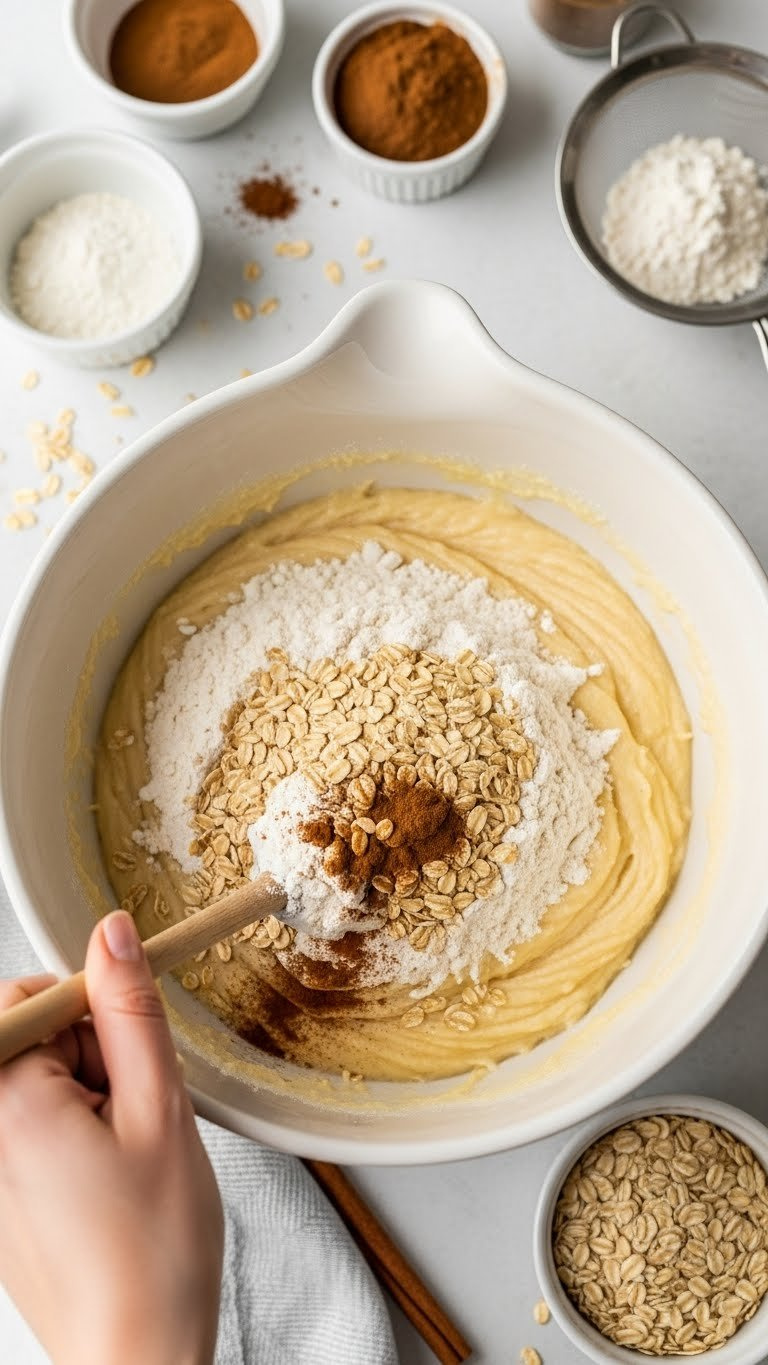 Dry Ingredients Including Flour, Oats, And Spices Being Gently Folded Into Wet Batter With A Wooden Spoon In A Ceramic Mixing Bowl.