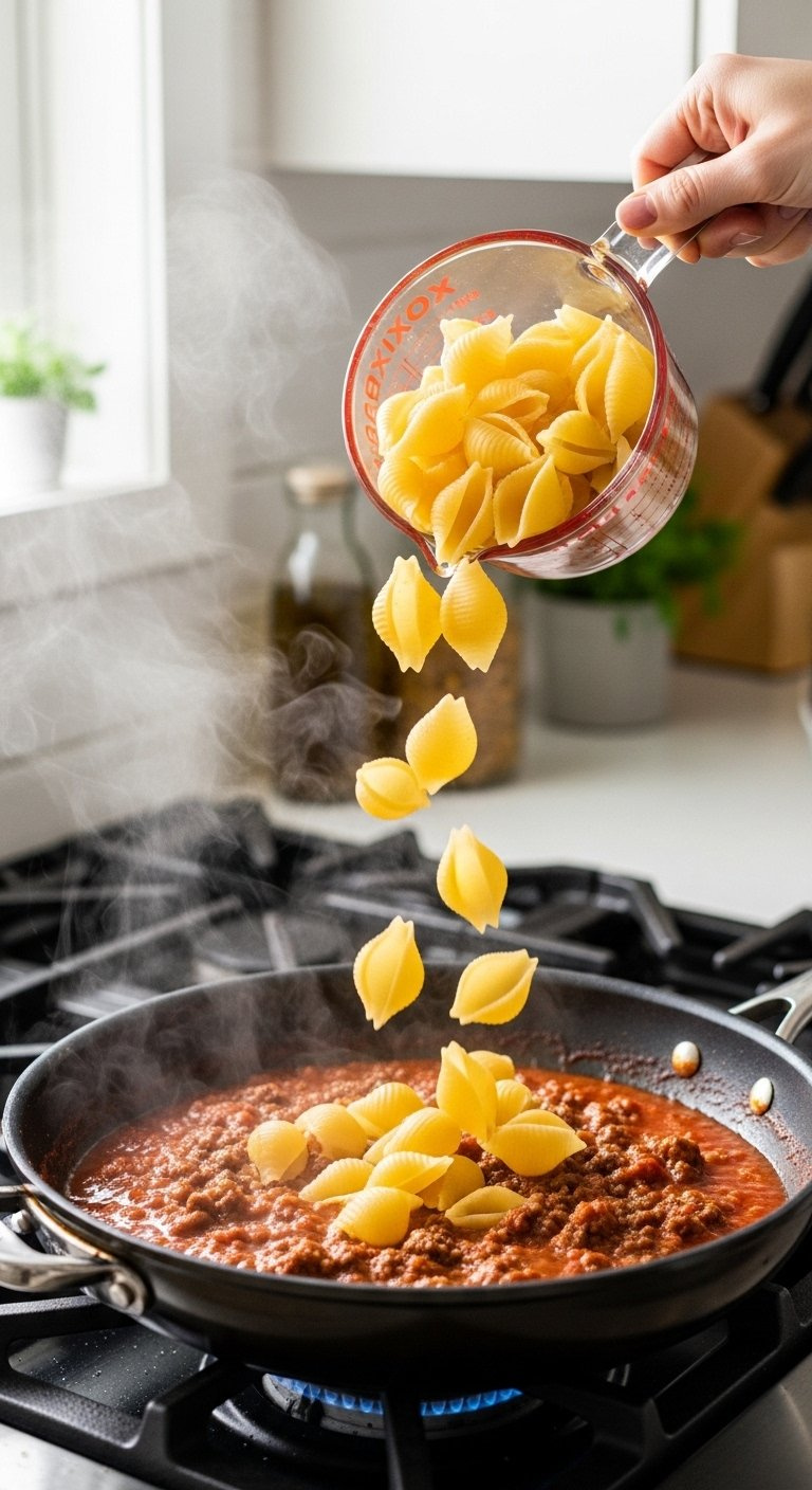 Dry Medium Pasta Shells Pouring From A Measuring Cup Into A Skillet With Rich Tomato And Beef Sauce.