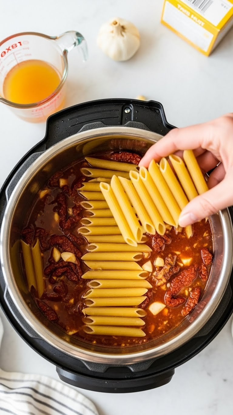 Dry Penne Pasta Layered Over Sun-Dried Tomatoes And Broth In A Shiny Stainless Steel Instant Pot Liner, With A Pasta Box.