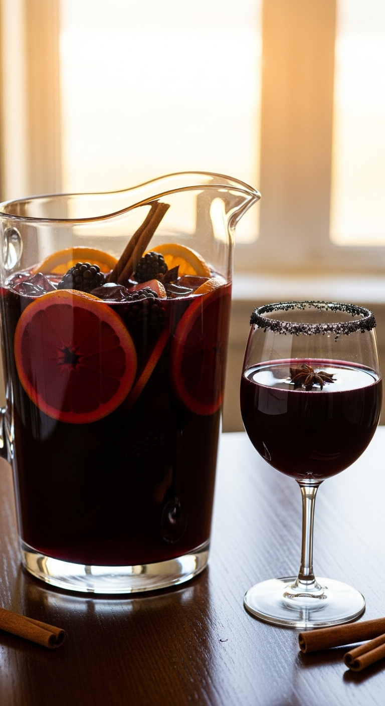 Dry Spiced Halloween Sangria In A Pitcher With Orange Slices Blackberries And Cinnamon Sticks And A Wine Glass