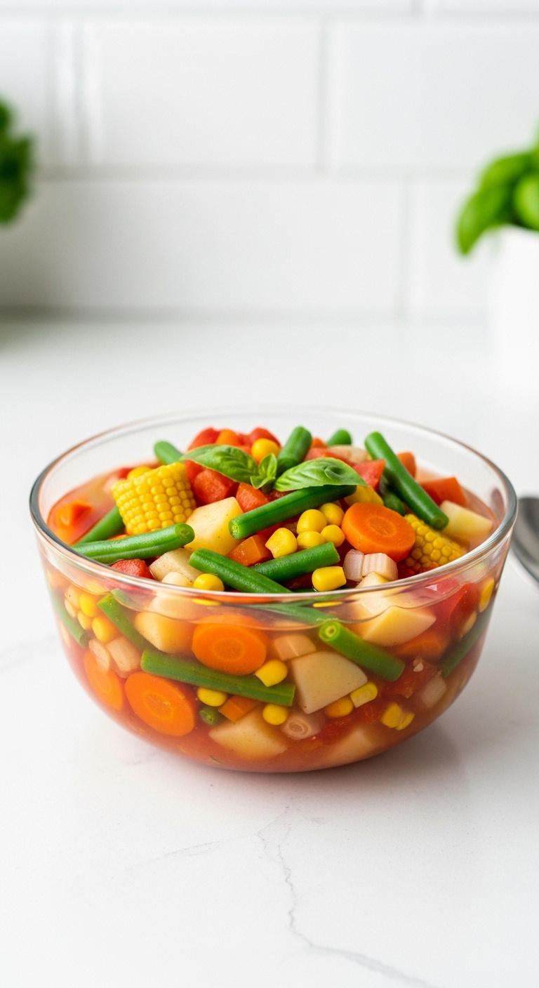 Dump And Go Crockpot Vegetable Soup With Carrots Green Beans Corn And Potatoes In A Glass Bowl With Basil