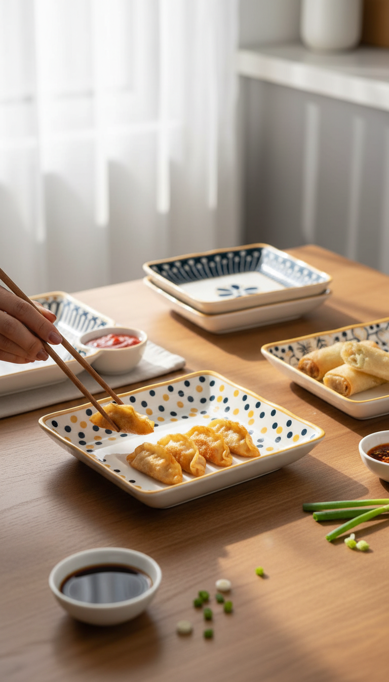 A Set Of Dumpling Plates With Various Foods On Them, A Notepad In The Background To Signify Testing.