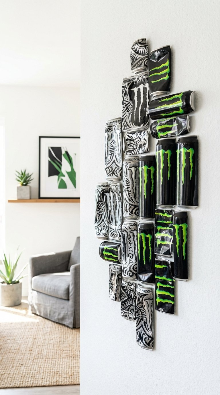 Dynamic Mosaic Of Flattened Monster Energy Cans Arranged Asymmetrically On White Textured Wall With Tribal Patterns