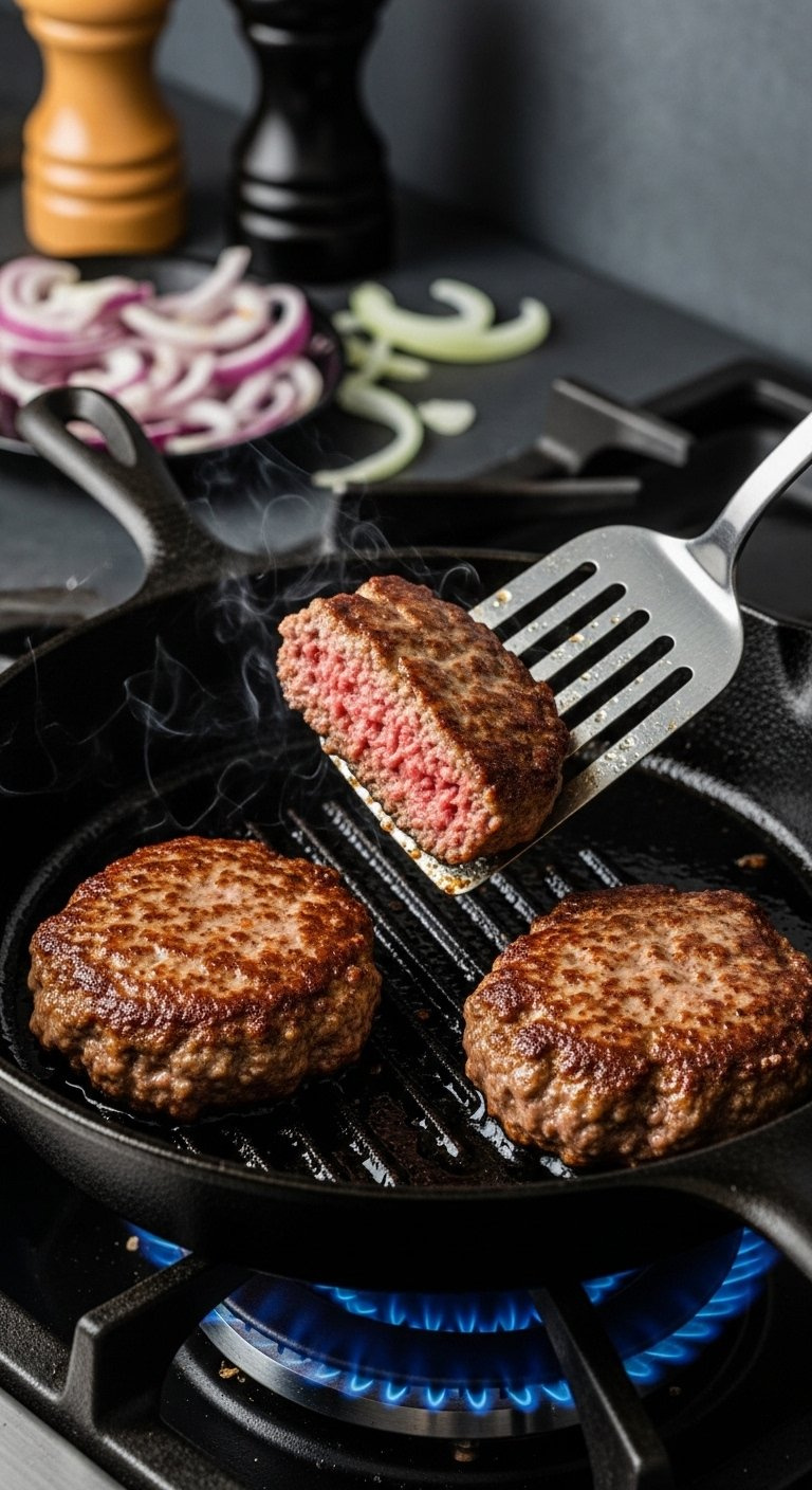 Dynamic Shot Of Salisbury Steak Patties Searing With A Golden Crust In A Cast Iron Skillet.