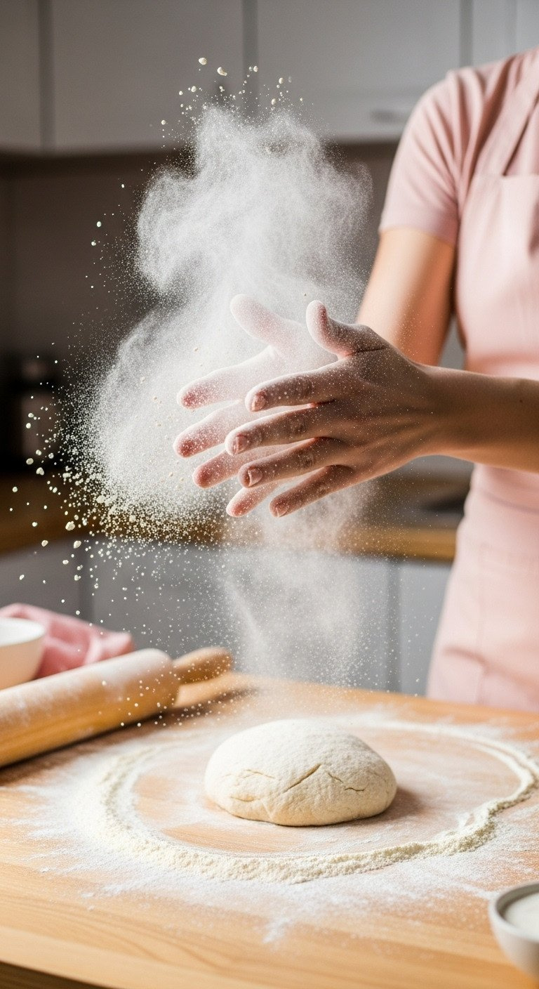 Dynamic Shot Of White Flour Dust Billowing Over A Wooden Surface During Baking, With A Blurred Kitchen Background.