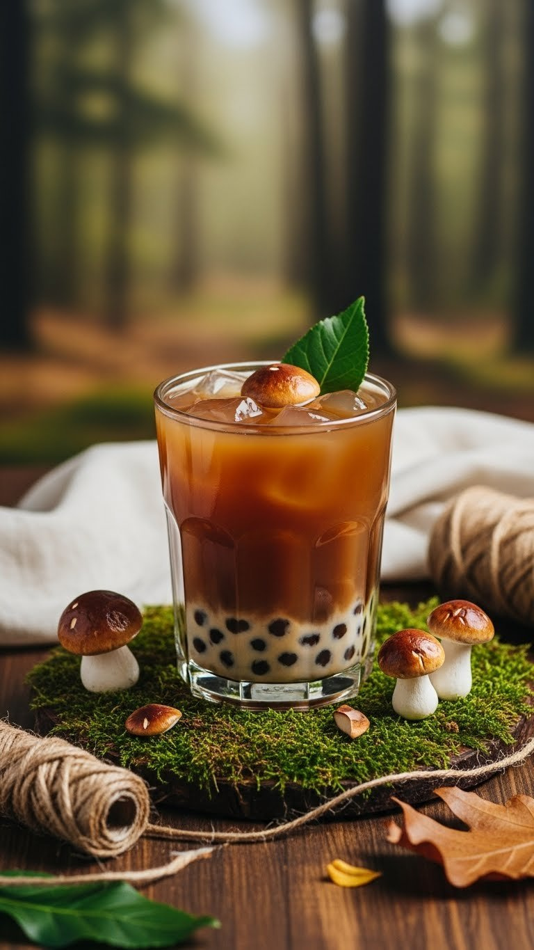 Earthy Brown Mushroom-Themed Boba Tea With Mushroom-Shaped Pearls On Mossy Wood