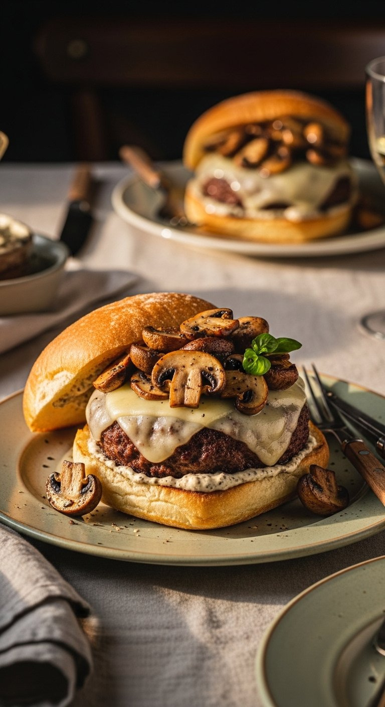 Earthy Mushroom Swiss Cheese Slider On Ciabatta Bun With Truffle Aioli On Vintage Ceramic Plate.
