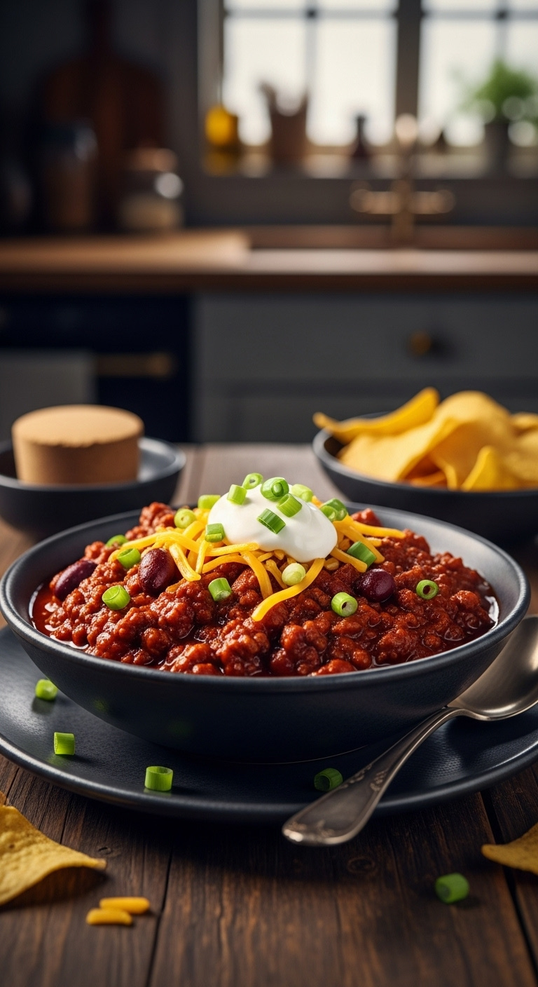 Easiest Chili Recipe No Beans Bold Flavor Steaming Bowl With Cheese Sour Cream Cilantro On Rustic Wooden Table