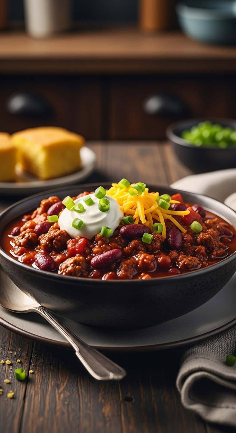 Easiest Stovetop Chili Recipe For A Cozy Dinner Topped With Cheddar Cheese And Sour Cream