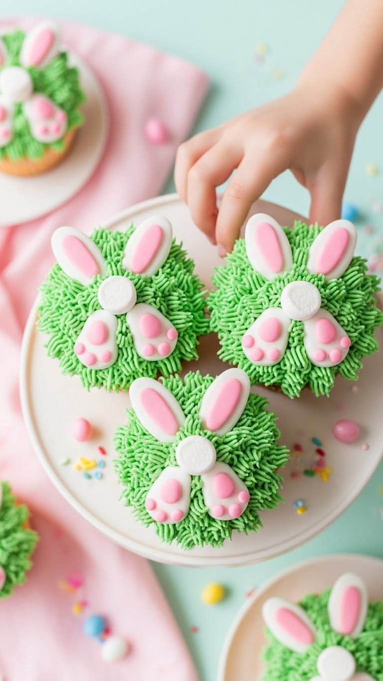 Easter Bunny Butt Cupcakes With Green Frosting, Marshmallow Tails, Pink Fondant Feet, And Sprinkles.