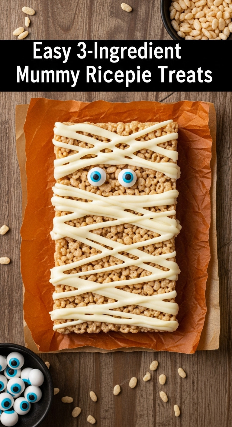 Easy 3-Ingredient Gluten-Free Mummy Rice Krispie Treats On Orange Parchment Paper With Candy Eyeballs